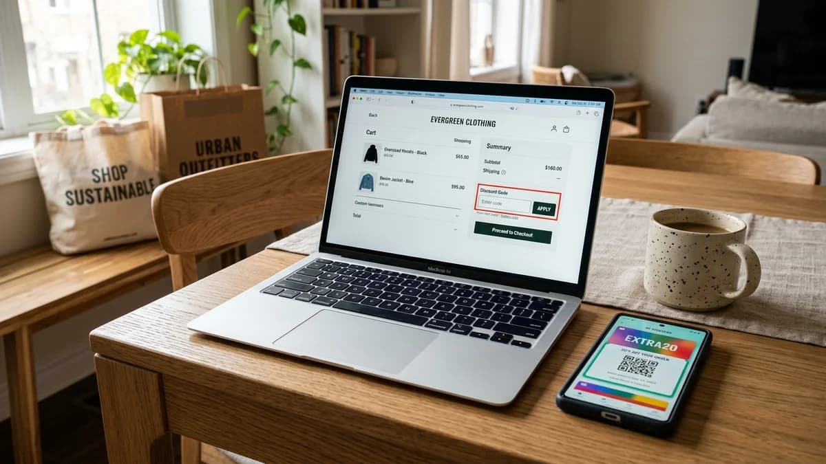 Laptop screen displaying online cart checkout promo code box with digital voucher on phone