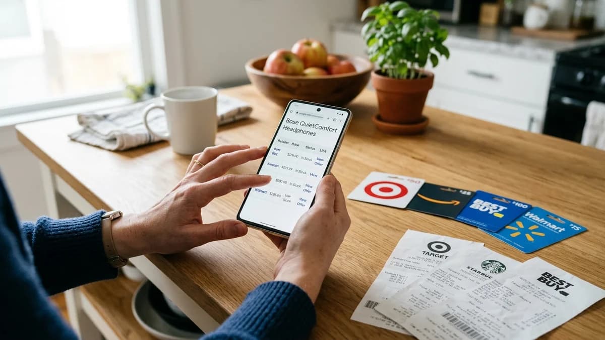 Shopper holding smartphone comparing retail gift card discount rates next to store cards