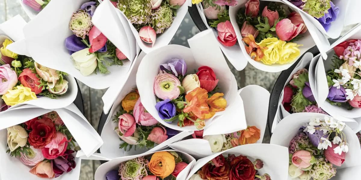 Colorful flower bouquets wrapped in white paper