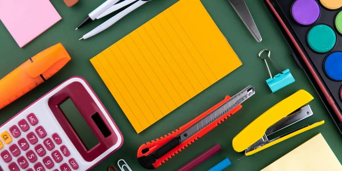 School supplies including a calculator, sticky notes, and markers on a green desk