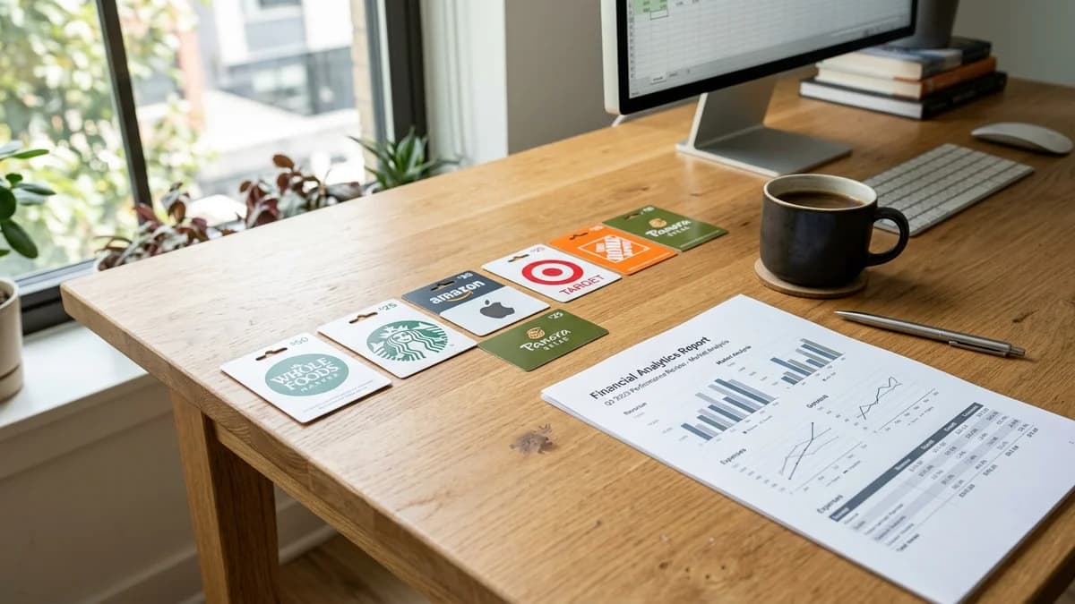 Desk flatlay with retail gift cards, printed financial analytics report, coffee, and laptop